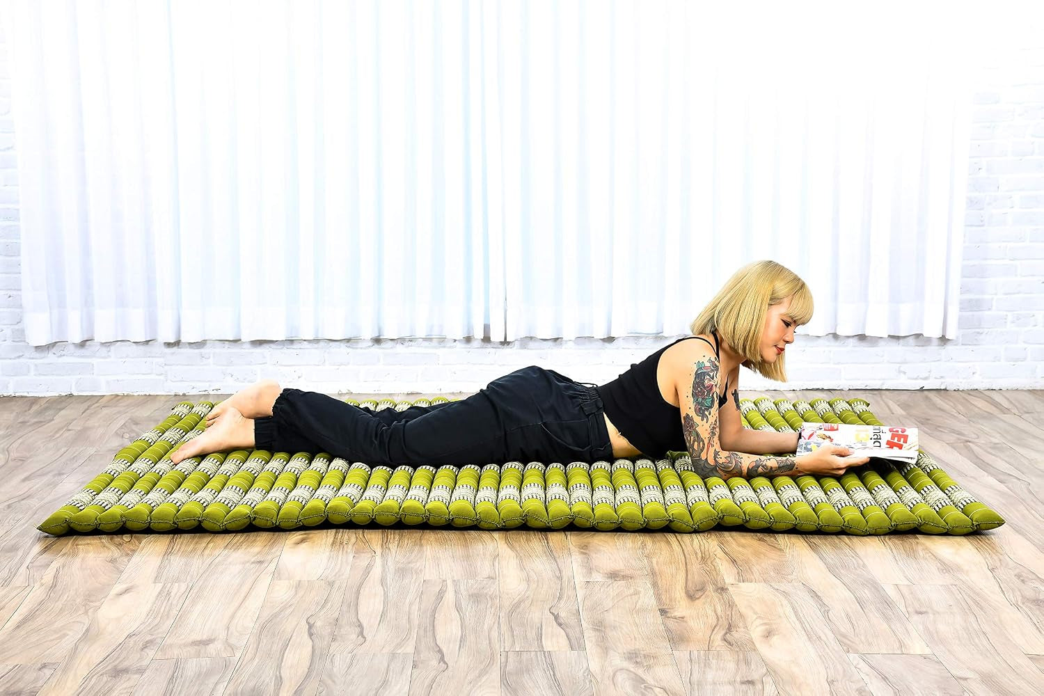 - Foldable Floor Mattress - Japanese Roll up Futon -Trifold Tatami Mat- Guest Floor Bed - Camping Mattress - Thai Massage Mat, Kapok Filled, 75 X 57 Inches, Green