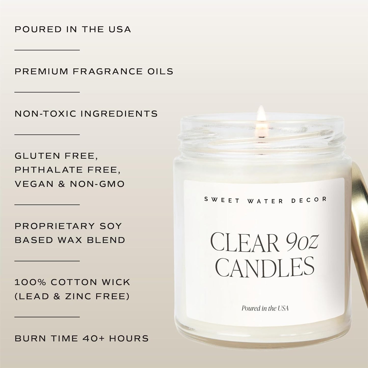 Wedding Candle - Sea Salt, Jasmine, Cream, and Wood Scented Soy Wax Candle for Home - Engagement and Wedding Gifts for Women - 9Oz Clear Jar, 40 Hour Burn Time, Made in the USA