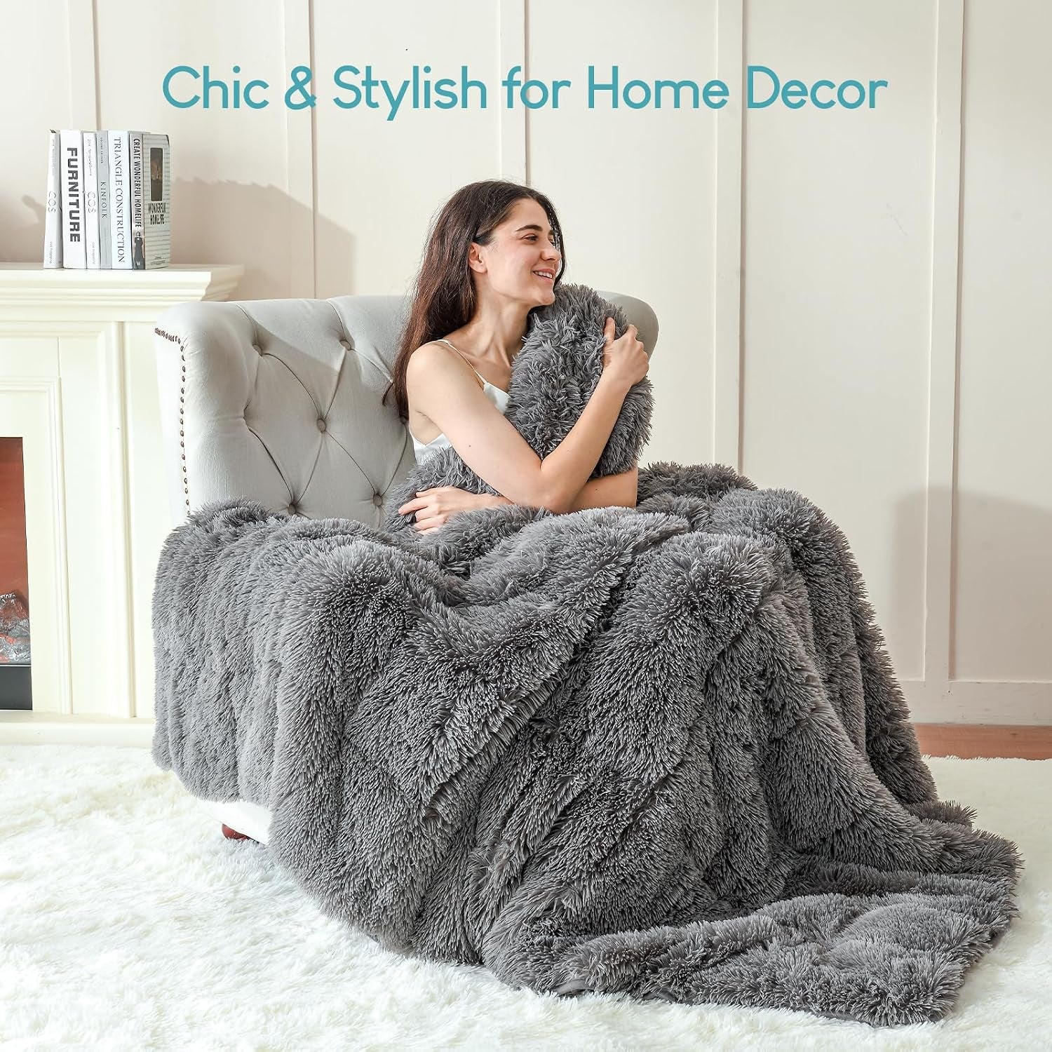 Faux Fur Weighted Blanket 15Lbs, Soft Fuzzy Luxurious Fluffy Heavy Blanket, Plush Sherpa Dual Side Cozy Warm Throw Blanket for Bed Couch Sleeping, Grey, 48X72 Inches