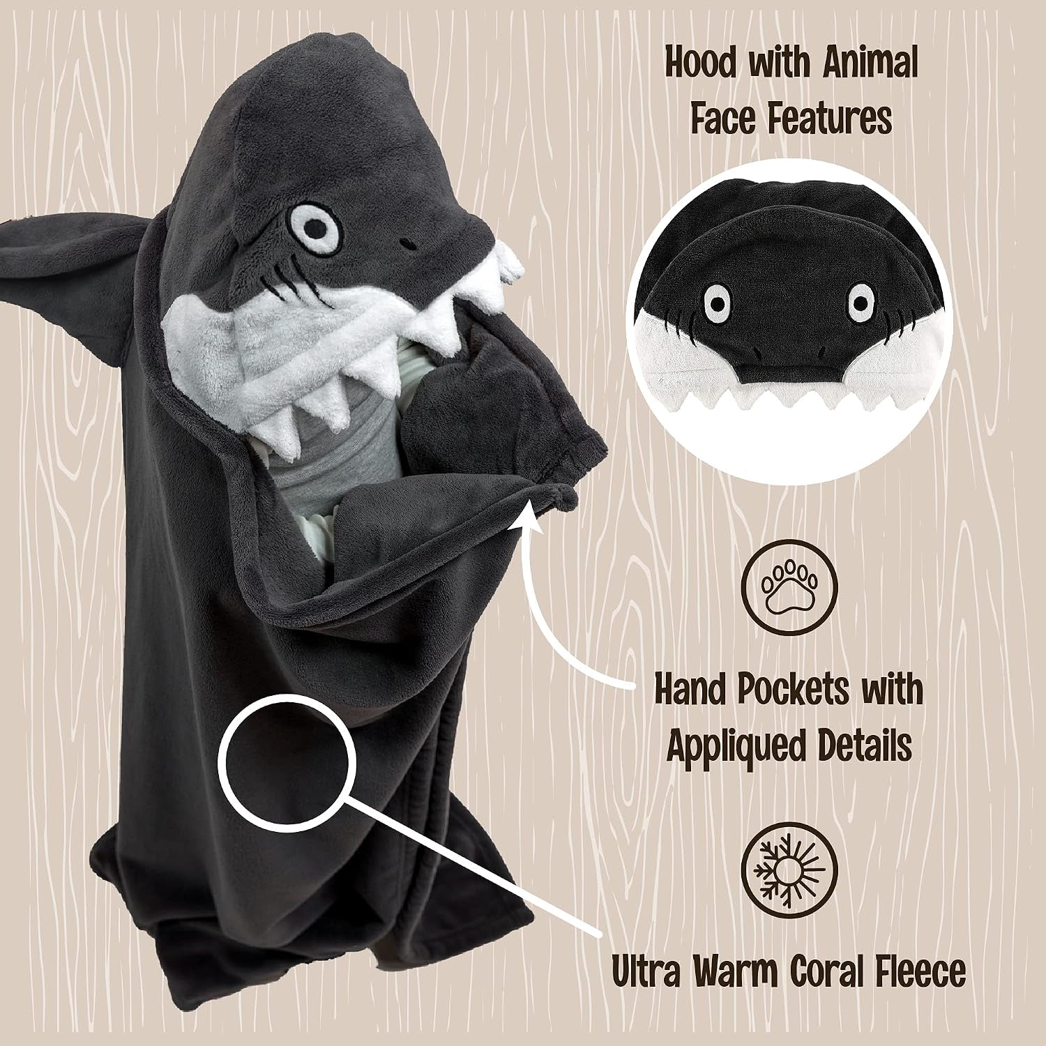 Wearable Hooded Blanket for Kids, Animal Hooded Blanket (Shark)