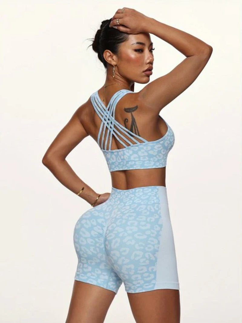 Blauw Dames Sportset Fitnesskleding Naadloos Met Hoge Taille Sport Shorts En Sport Bh Luipaard Patroon Yoga Fitness Hardlopen Set Maat L
