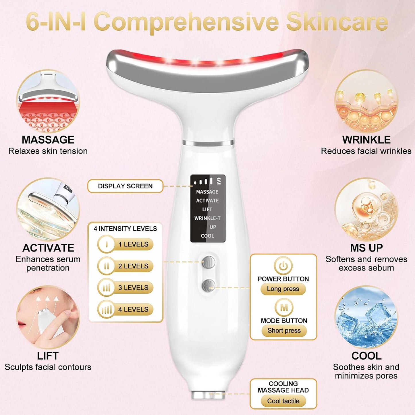 Neck Face Massager, 4 Color LED Facial Massager with Micro-Current Vibration Facial Cold and Hot Service for Wrinkles, Double Chin, Multifunctional Facial Light Therapy Device for Skin Care at Home