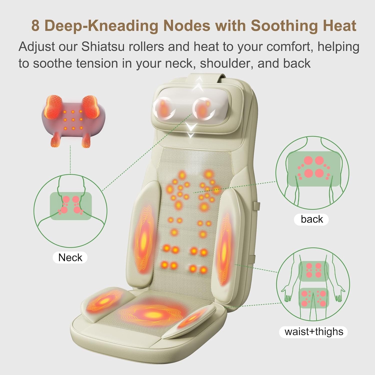Shiatsu Neck and Back Massage Cushion with Heat - 4D Deep Tissue Kneading Full-Back Massager for Relief Tension, Adjustable Intensity & Height, for Office Chair & Home