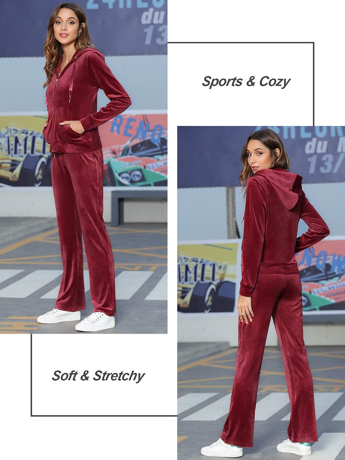 Womens Velour Tracksuits Set Long Sleeve Sweatsuits 2 Piece Sports Outfit Zip Hoodie Sweatpants Joggers Set