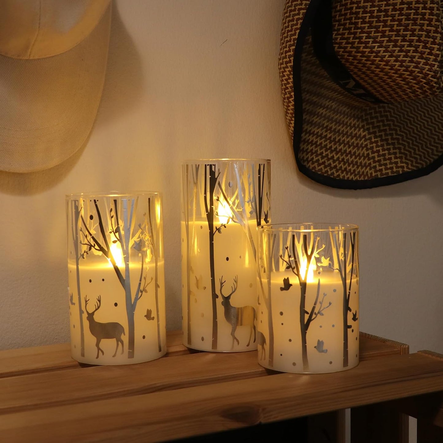 Silver Reindeer Design Glass Battery Operated LED Candles with 6H Timer, Christmas Flameless Candles with Warm White Light, Batteries Included - Set of 3